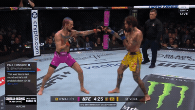 Two Men Are Fighting In A Boxing Ring And One Of Them Is Wearing Purple Shorts And Yellow Shorts GIF