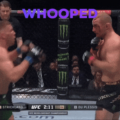Two Men Are Fighting In A Boxing Ring And The Words Whooped Are On The Screen GIF