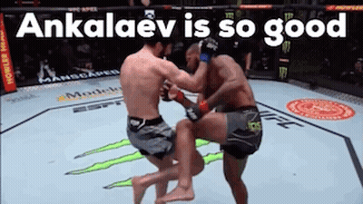 Two Men Are Fighting In A Boxing Ring With The Words `` Ankalaev Is So Good '' Written Above Them . GIF