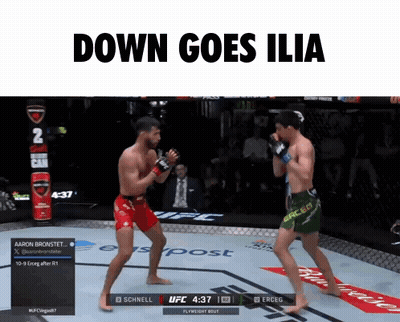Two Men Are Fighting In A Boxing Ring With The Words " Down Goes Ilia " Above Them GIF