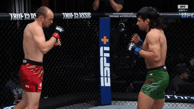 Two Men Are Fighting In A Cage And One Of Them Is Wearing Green Shorts That Say Ufc GIF