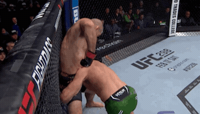 Two Men Are Fighting In A Cage With A Sign That Says Ufc On It GIF