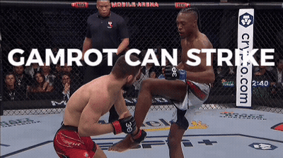 Two Men Are Fighting In A Cage With The Words Gamrot Can Strike Behind Them GIF