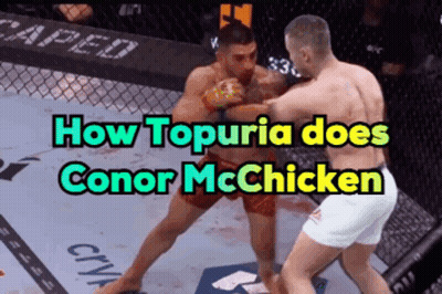 Two Men Are Fighting In A Cage With The Words How Topuria Does Conor Mcchicken Above Them GIF
