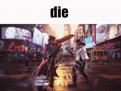 Two Men Are Fighting In A City And The Word Die Is Above Them GIF