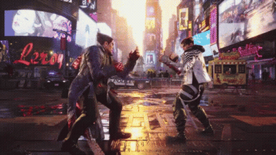 Two Men Are Fighting In A City Street With A Police Car In The Background GIF