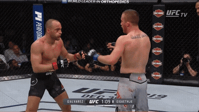 Two Men Are Fighting In A Ufc Ring With A Harley Davidson Sign In The Background GIF