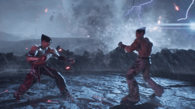 Two Men Are Fighting In A Video Game While Lightning Strikes In The Background GIF