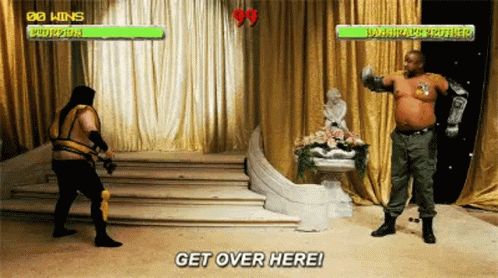 Two Men Are Fighting In A Video Game With The Words `` Get Over Here '' Written On The Screen . GIF