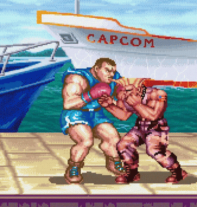 Two Men Are Fighting In Front Of A Capcom Boat GIF