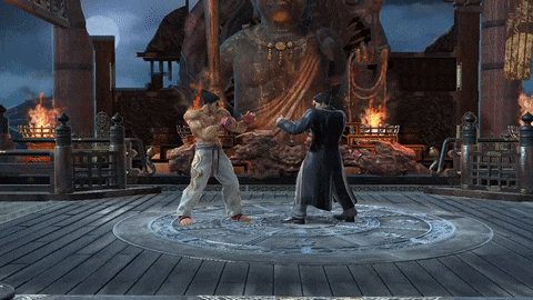 Two Men Are Fighting In Front Of A Statue Of A Buddha GIF