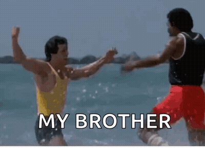 Two Men Are Fighting In The Water On The Beach And The Words `` My Brother '' Are Written On The Bottom . GIF