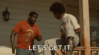Two Men Are Fighting On A Porch With The Words Let 'S Get It Written On The Bottom . GIF