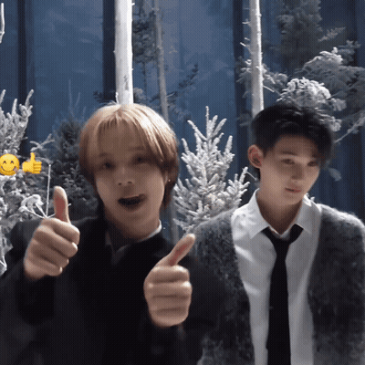 Two Men Are Giving A Thumbs Up In Front Of A Snowy Forest GIF