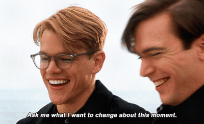 Two Men Are Laughing And One Of Them Says Ask Me What I Want To Change About This Moment GIF