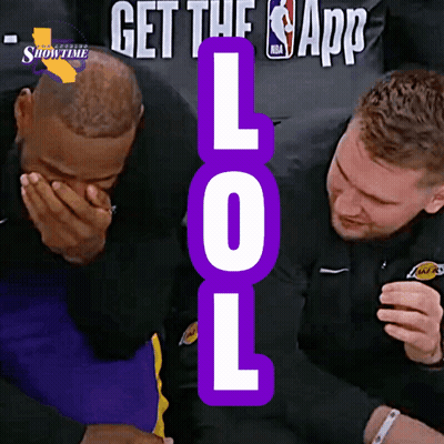 Two Men Are Laughing In Front Of A Sign That Says " Get The Nba App " GIF