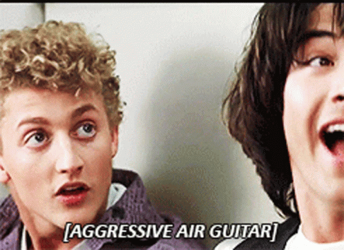 Two Men Are Looking At Each Other And One Of Them Is Saying " Aggressive Air Guitar " GIF