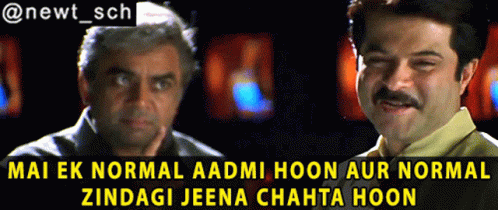 Two Men Are Looking At Each Other And The Caption Says Mai Ek Normal GIF