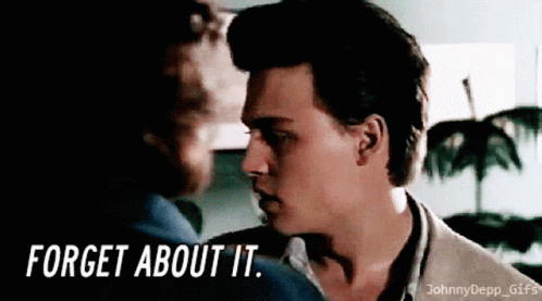 Two Men Are Looking At Each Other With The Words " Forget About It " Written Below Them GIF
