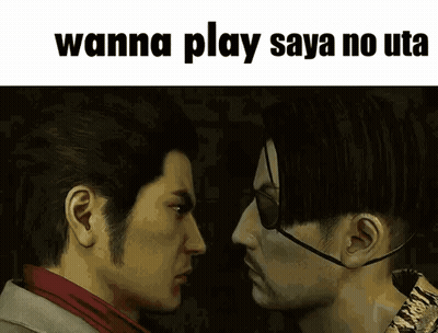Two Men Are Looking At Each Other With The Words " Wanna Play Saya No Uto " Below Them GIF