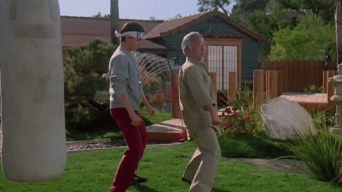 Two Men Are Practicing Martial Arts In A Garden GIF