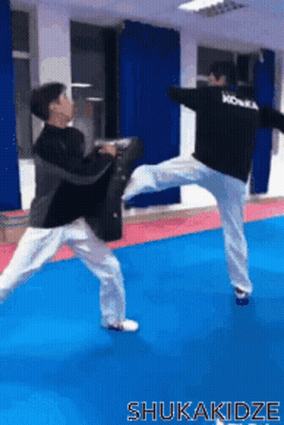 Two Men Are Practicing Martial Arts On A Blue Mat And One Of Them Has The Word Honma On His Back GIF