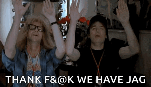 Two Men Are Raising Their Hands In The Air With The Words Thank F & @ K We Have Jag Written Below Them GIF