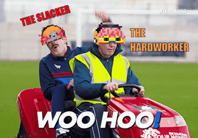 Two Men Are Riding A Lawn Mower With The Words " Woo Hoo " On The Front GIF