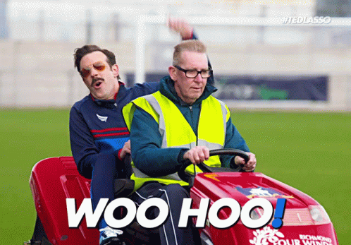 Two Men Are Riding On A Lawn Mower With The Words Woo Hoo On The Side GIF