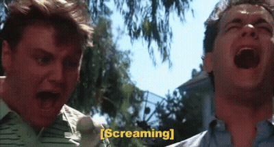 Two Men Are Screaming With The Word Screaming In Yellow Letters GIF