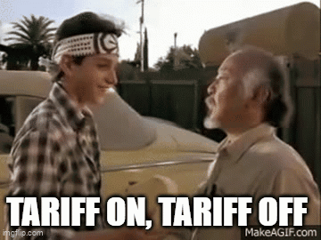 Two Men Are Shaking Hands In Front Of A Car With The Words `` Tariff On , Tariff Off '' Written Below Them . GIF