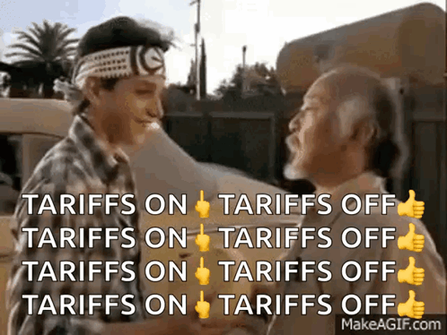 Two Men Are Shaking Hands With The Words Tariffs On Tariffs Off On The Bottom GIF