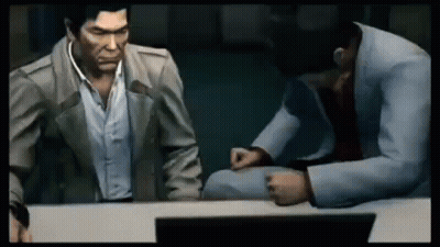 Two Men Are Sitting At A Table In A Video Game Talking To Each Other . GIF