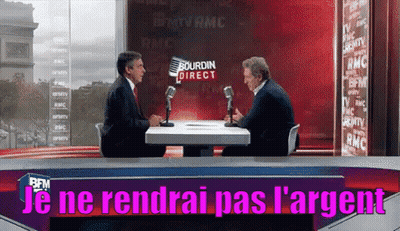 Two Men Are Sitting At A Table In Front Of Microphones And The Words Je Ne Rendrai Pas L'argent Are Above Them GIF