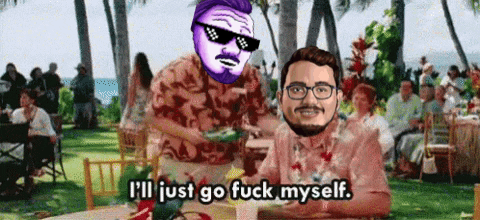 Two Men Are Sitting At A Table With One Wearing Sunglasses And The Other Wearing A Hawaiian Shirt And Glasses . GIF