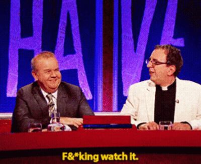Two Men Are Sitting At A Table With The Words F & * King Watch It On The Bottom GIF