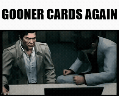 Two Men Are Sitting At A Table With The Words Gooner Cards Again On The Bottom GIF