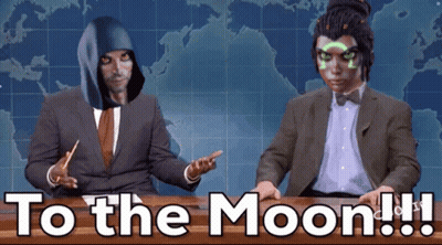 Two Men Are Sitting At A Table With The Words To The Moon Written On The Bottom GIF