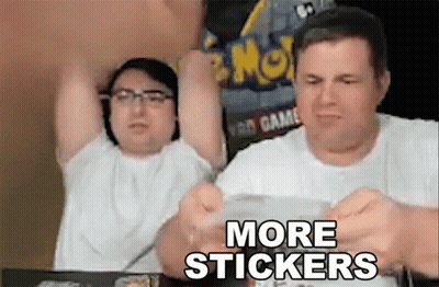 Two Men Are Sitting At A Table With Their Arms In The Air And The Words `` More Stickers '' . GIF