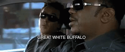 Two Men Are Sitting In A Car And One Of Them Is Wearing Sunglasses And Says Great White Buffalo . GIF