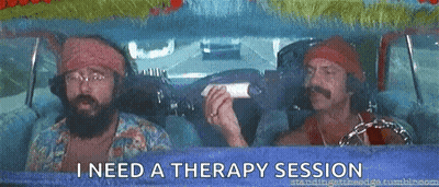 Two Men Are Sitting In A Car With The Words I Need A Therapy Session Written On The Screen . GIF