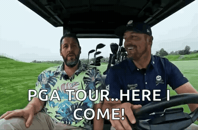Two Men Are Sitting In A Golf Cart And One Of Them Says Pga Tour Here I Come GIF