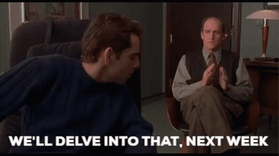 Two Men Are Sitting In Chairs And One Of Them Says We 'Ll Delve Into That Next Week GIF