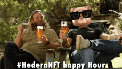 Two Men Are Sitting On A Chair Holding Glasses Of Beer And A Sign That Says #Hederanft Happy Hour GIF