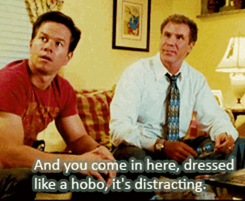 Two Men Are Sitting On A Couch And One Says " And You Come In Here Dressed Like A Hobo " GIF