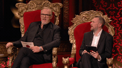 Two Men Are Sitting On A Throne And One Of Them Is Holding A Piece Of Paper That Says ' The Master ' On It GIF