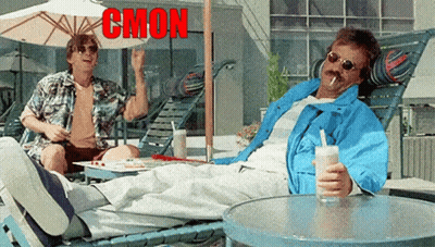 Two Men Are Sitting On Lawn Chairs With The Word Cmon In Red GIF