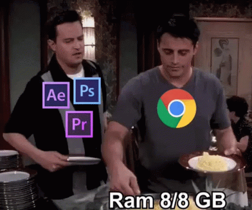 Two Men Are Standing At A Table With Plates Of Food And The Words Ram 8/8 Gb Written On The Bottom GIF