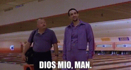 Two Men Are Standing In A Bowling Alley With The Words Dios Mio , Man Written On The Screen . GIF