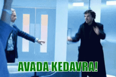 Two Men Are Standing In A Room With The Words Avada Kedavra Written On The Bottom GIF